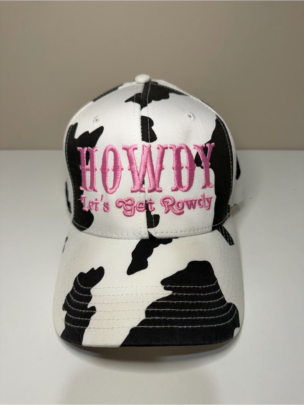 OTTO White & Black Cow Print Cap with Pink HOWDY Embroidery